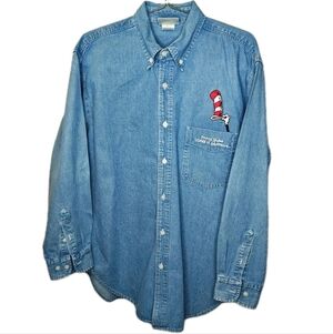 Vtg 90s Universal Studios Island Of Adventure Dr Seuss Denim Shirt Large Blue LS